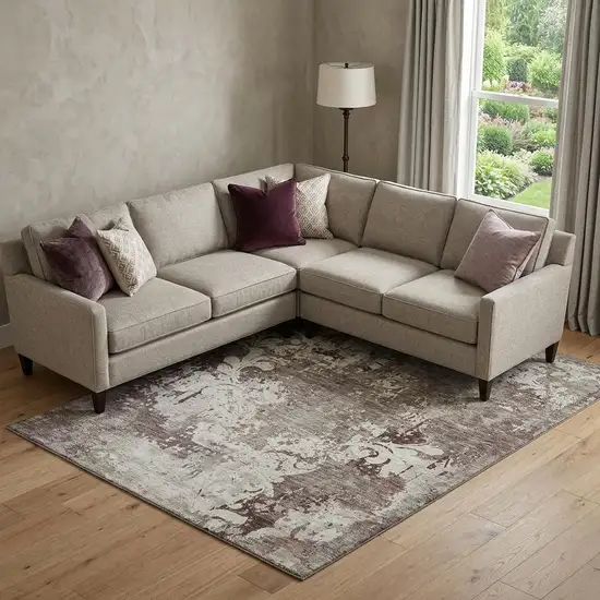 Taupe Beige And Gray Damask Washable Area Rug With UV Protection Photo 1