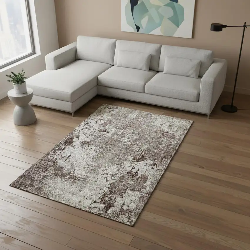 Taupe Beige And Gray Damask Washable Area Rug With UV Protection Photo 2