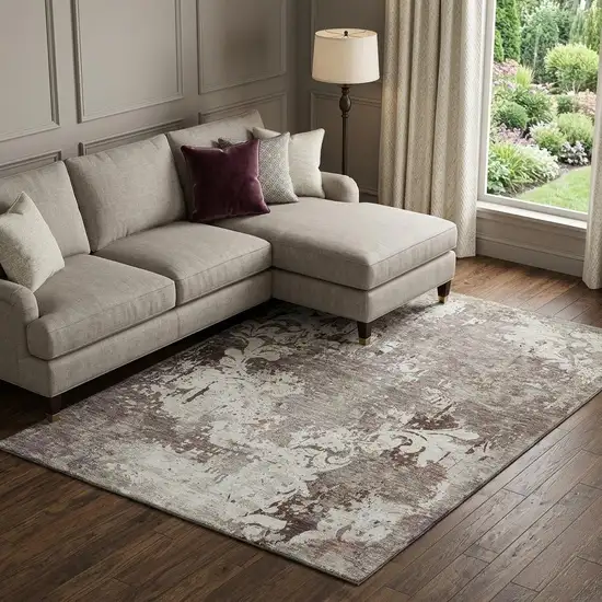 Taupe Beige And Gray Damask Washable Area Rug With UV Protection Photo 1