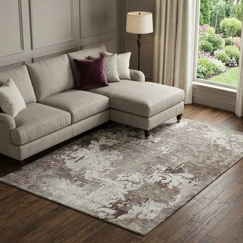 Taupe Beige And Gray Damask Washable Area Rug With UV Protection Photo 1