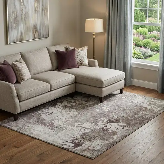 Taupe Beige And Gray Damask Washable Area Rug With UV Protection Photo 1