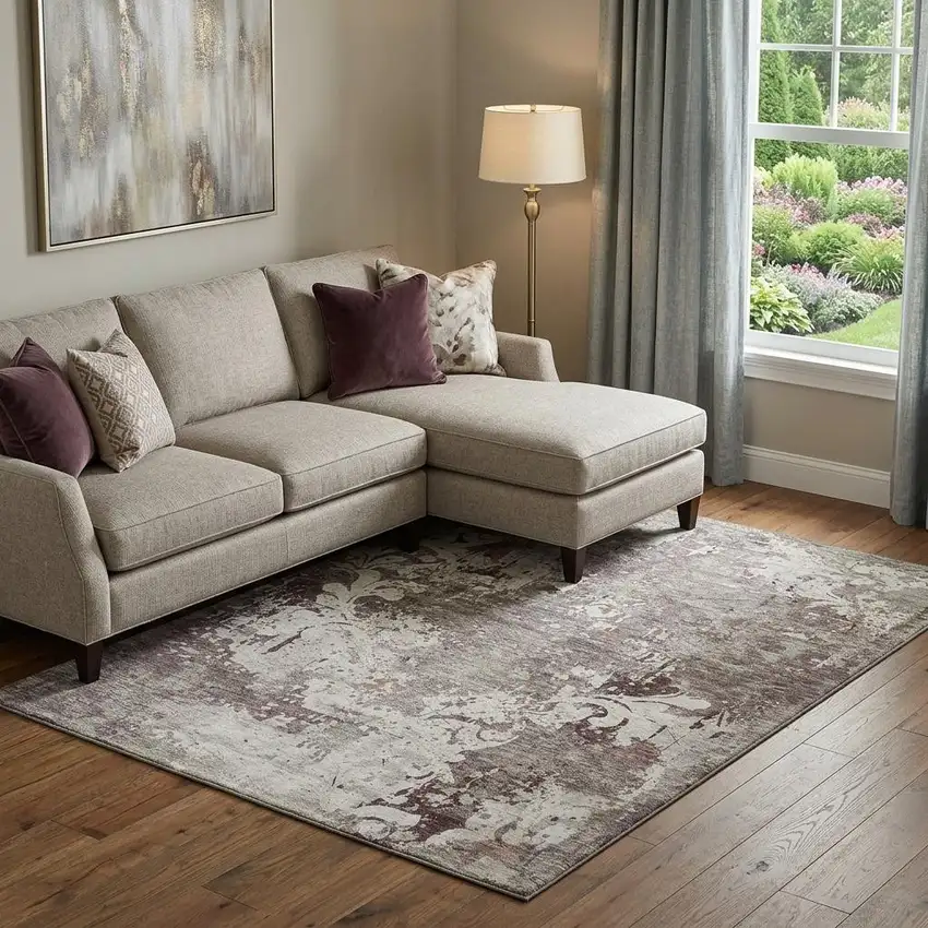 Taupe Beige And Gray Damask Washable Area Rug With UV Protection Photo 1