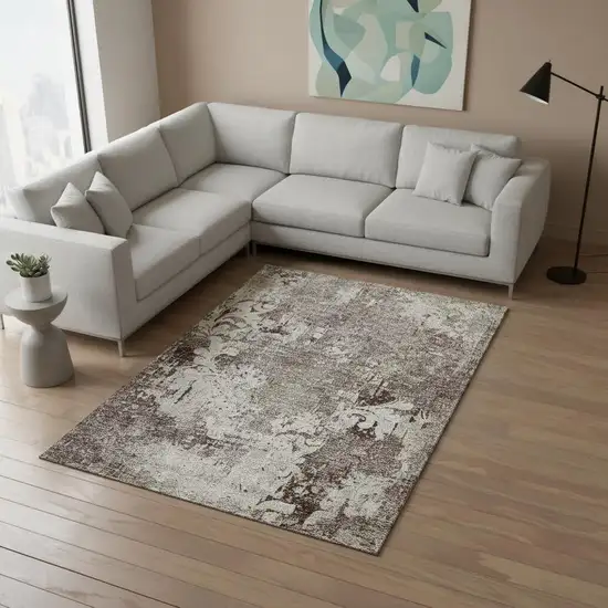 Taupe Beige And Gray Damask Washable Area Rug With UV Protection Photo 2