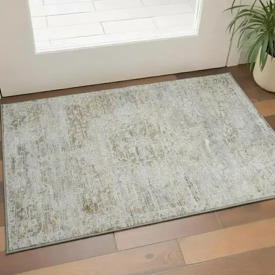 Taupe Beige And Gray Floral Medallion Washable Area Rug With UV Protection Photo 2