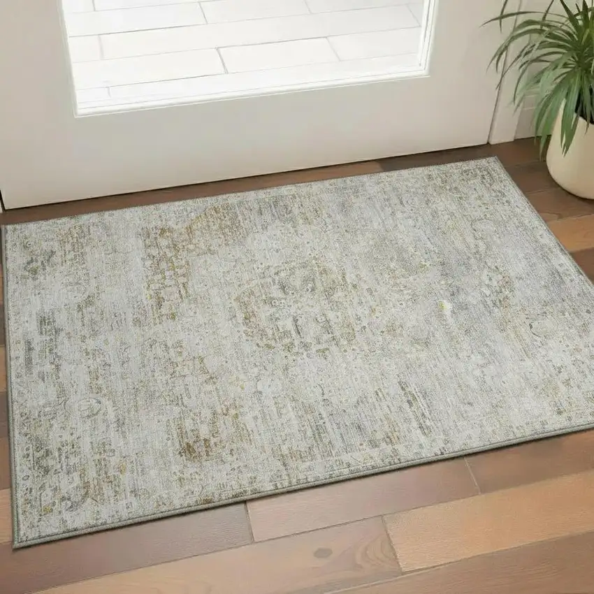 Taupe Beige And Gray Floral Medallion Washable Area Rug With UV Protection Photo 2