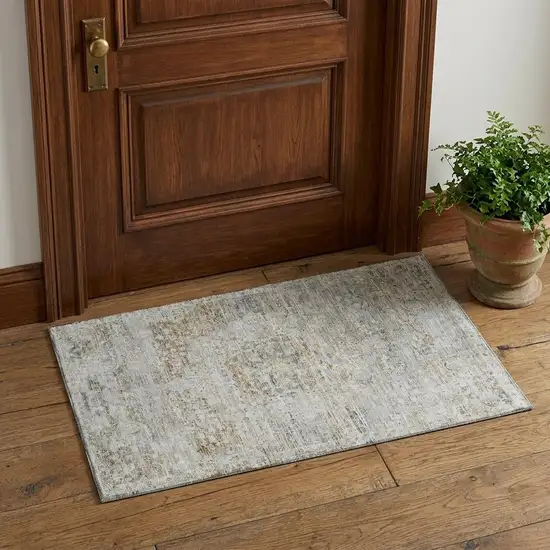 Taupe Beige And Gray Floral Medallion Washable Area Rug With UV Protection Photo 1