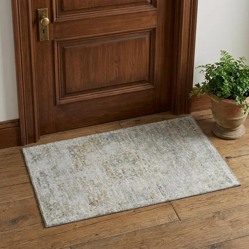 Taupe Beige And Gray Floral Medallion Washable Area Rug With UV Protection Photo 1