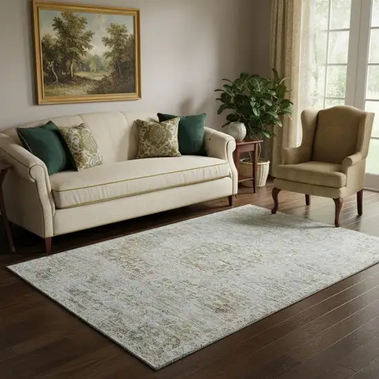 Taupe Beige And Gray Floral Medallion Washable Area Rug With UV Protection Photo 2