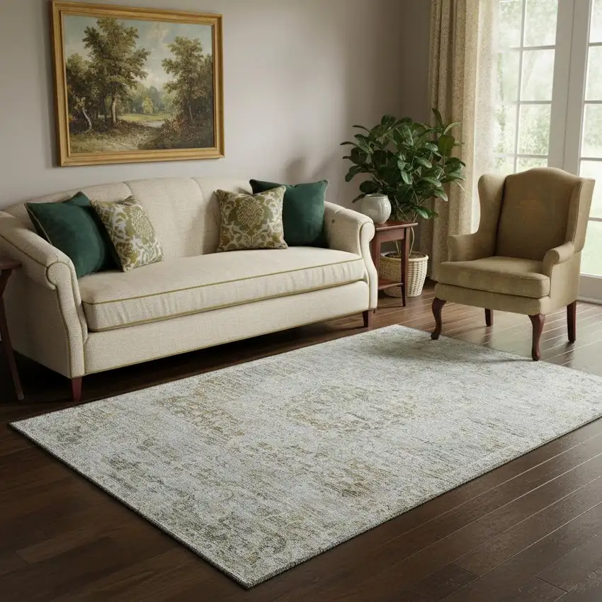 Taupe Beige And Gray Floral Medallion Washable Area Rug With UV Protection Photo 2