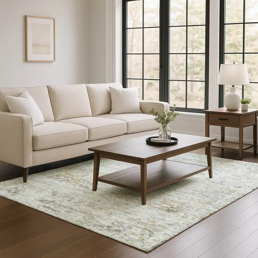 Taupe Beige And Gray Floral Medallion Washable Area Rug With UV Protection Photo 4