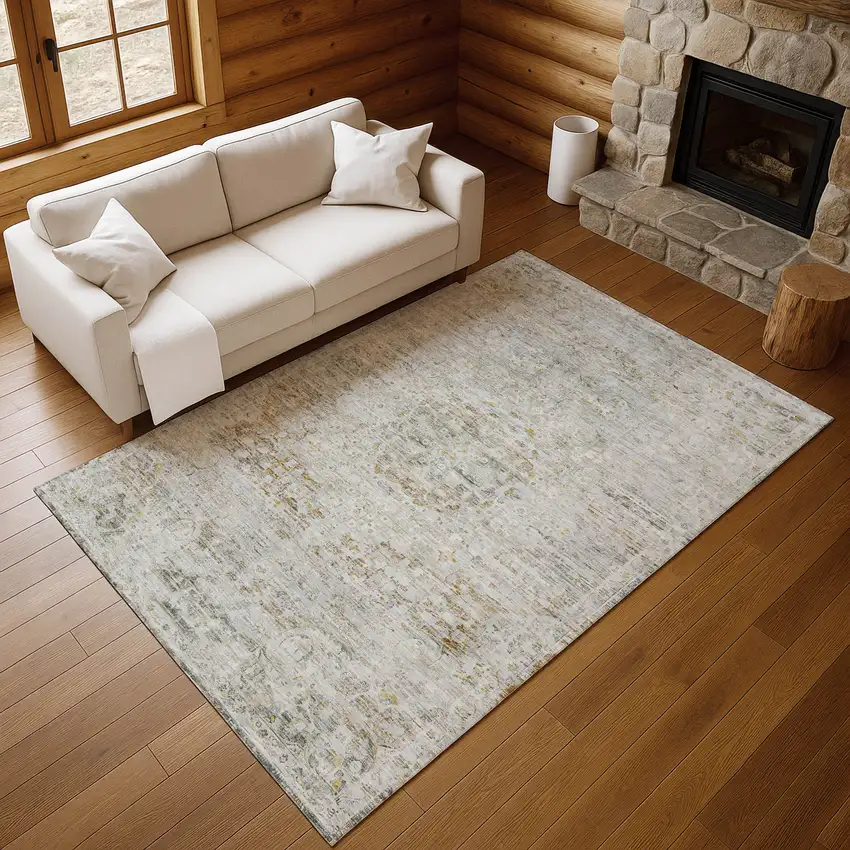 Taupe Beige And Gray Floral Medallion Washable Area Rug With UV Protection Photo 5