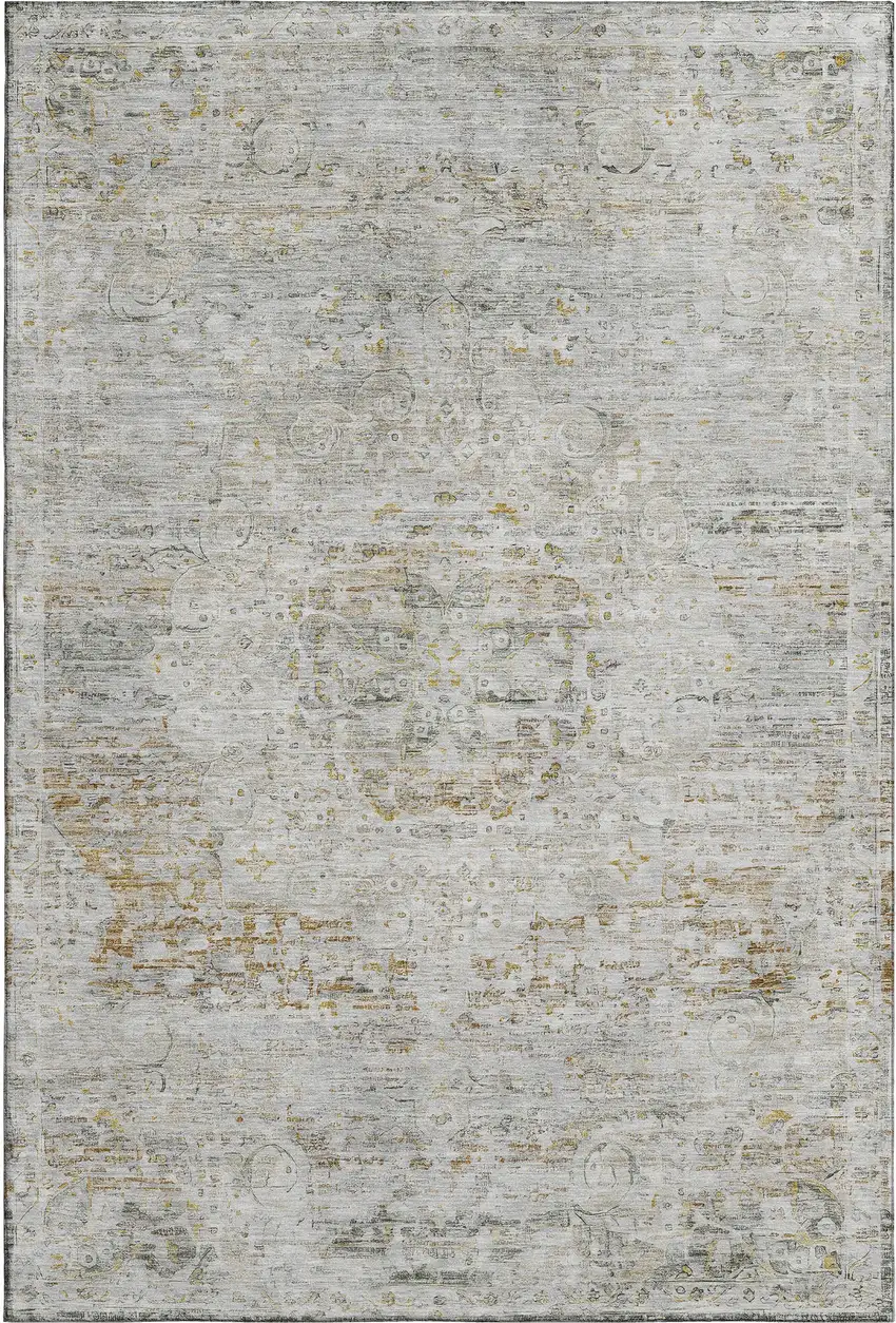 Taupe Beige And Gray Floral Medallion Washable Area Rug With UV Protection Photo 1