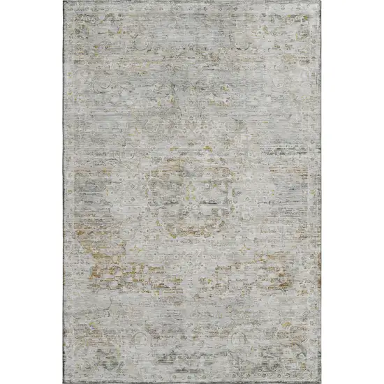 Taupe Beige And Gray Floral Medallion Washable Area Rug With UV Protection Photo 1