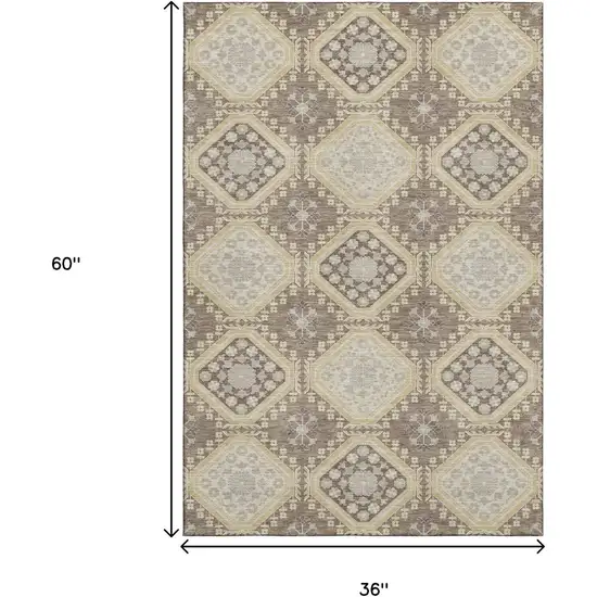 Taupe Beige And Gray Floral Washable Area Rug With UV Protection Photo 3
