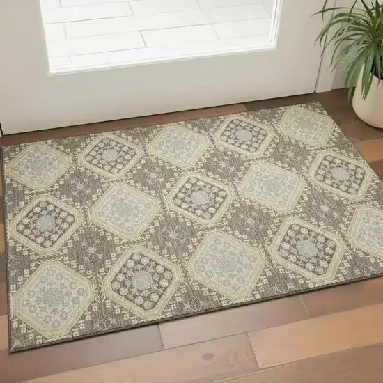 Taupe Beige And Gray Floral Washable Area Rug With UV Protection Photo 2