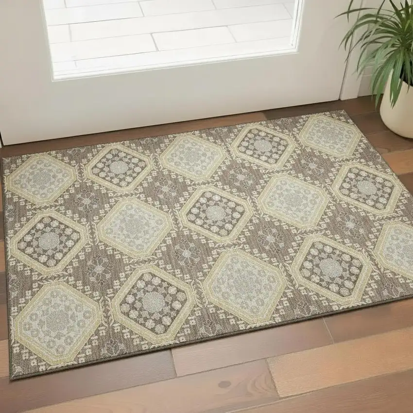Taupe Beige And Gray Floral Washable Area Rug With UV Protection Photo 2