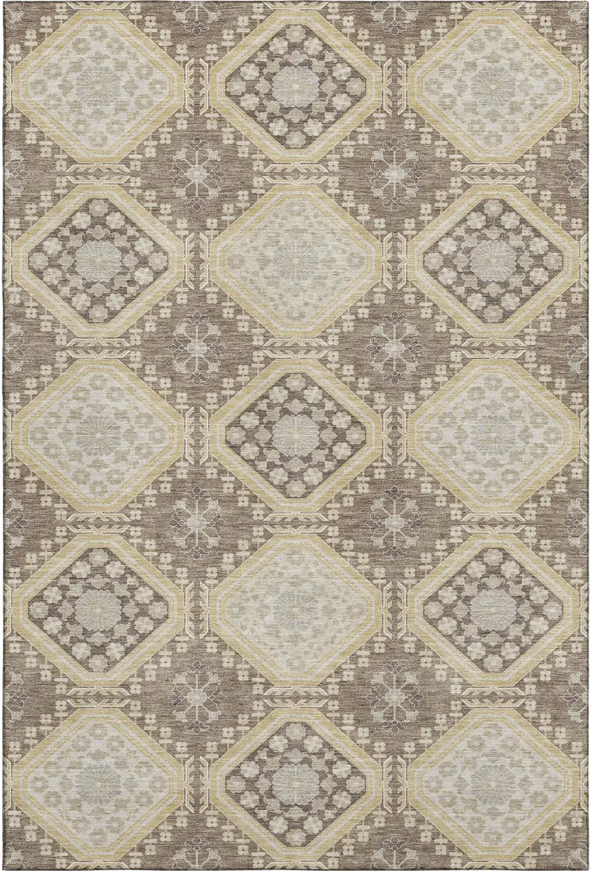 Taupe Beige And Gray Floral Washable Area Rug With UV Protection Photo 1