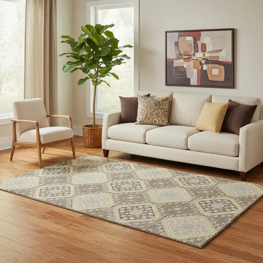 Taupe Beige And Gray Floral Washable Area Rug With UV Protection Photo 2