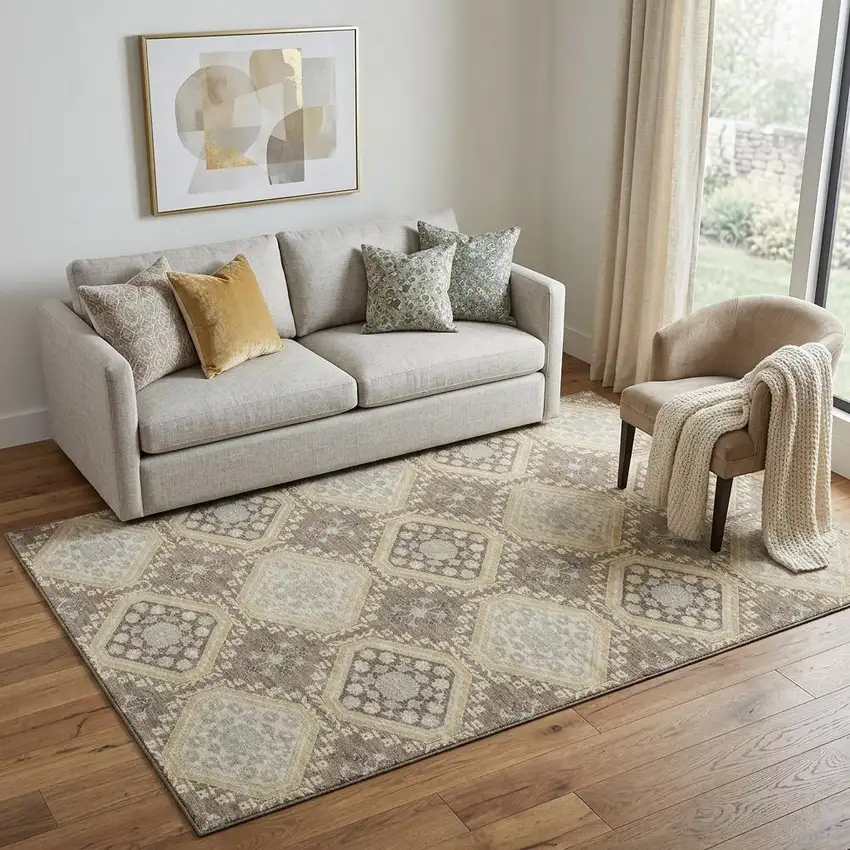 Taupe Beige And Gray Floral Washable Area Rug With UV Protection Photo 1