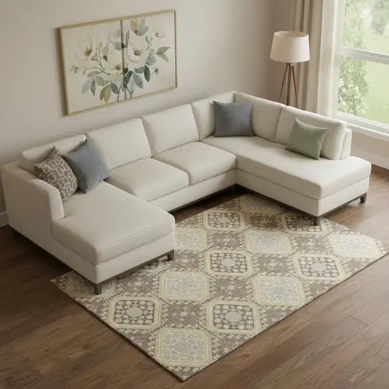 Taupe Beige And Gray Floral Washable Area Rug With UV Protection Photo 2