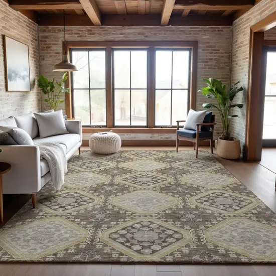 Taupe Beige And Gray Floral Washable Area Rug With UV Protection Photo 5