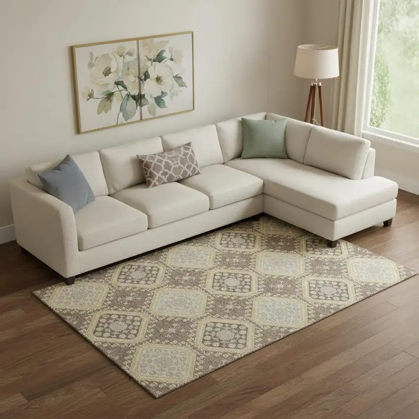 Taupe Beige And Gray Floral Washable Area Rug With UV Protection Photo 2