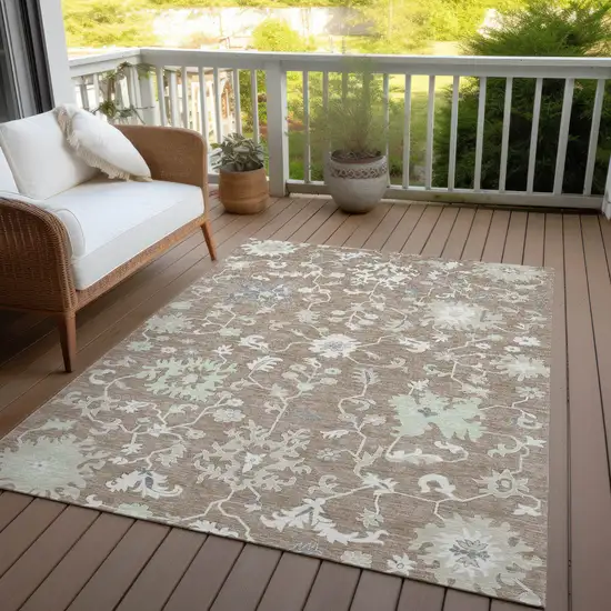 Taupe Beige And Gray Floral Washable Indoor Outdoor Area Rug Photo 5