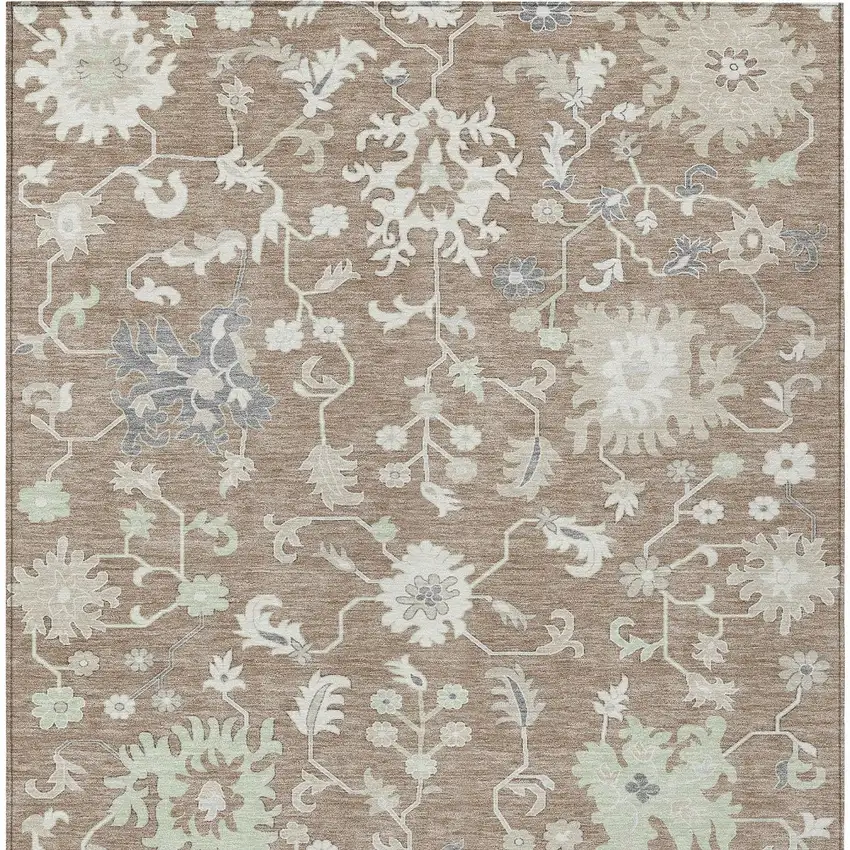Taupe Beige And Gray Floral Washable Indoor Outdoor Area Rug Photo 9