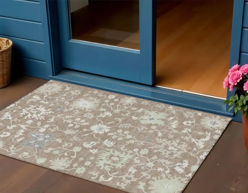 Taupe Beige And Gray Floral Washable Indoor Outdoor Area Rug Photo 2