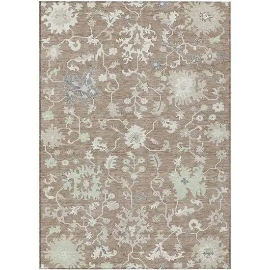 Taupe Beige And Gray Floral Washable Indoor Outdoor Area Rug Photo 1