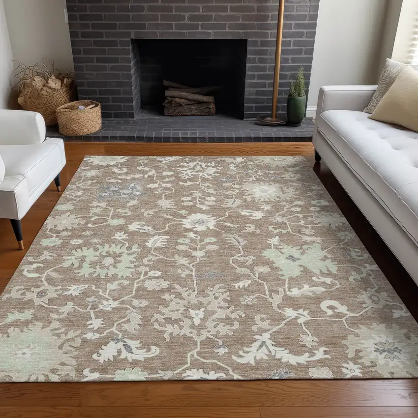 Taupe Beige And Gray Floral Washable Indoor Outdoor Area Rug Photo 7