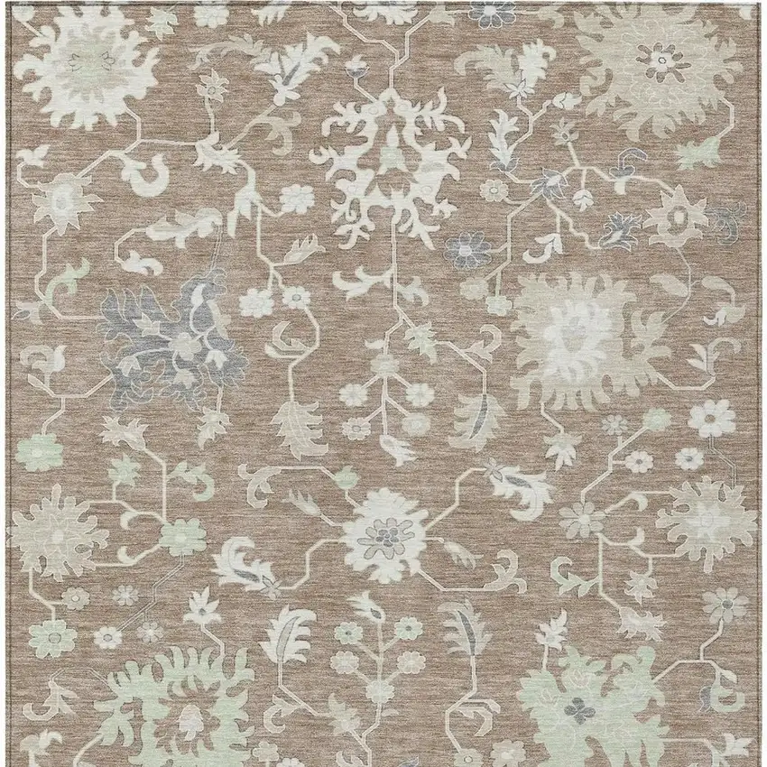 Taupe Beige And Gray Floral Washable Indoor Outdoor Area Rug Photo 4