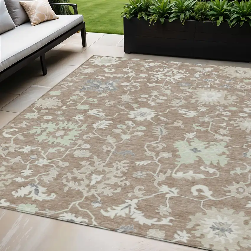 Taupe Beige And Gray Floral Washable Indoor Outdoor Area Rug Photo 2