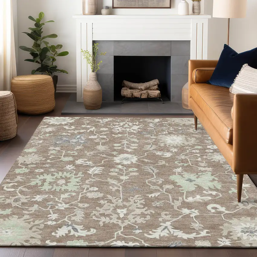 Taupe Beige And Gray Floral Washable Indoor Outdoor Area Rug Photo 6