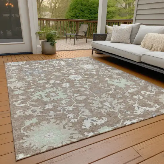 Taupe Beige And Gray Floral Washable Indoor Outdoor Area Rug Photo 8