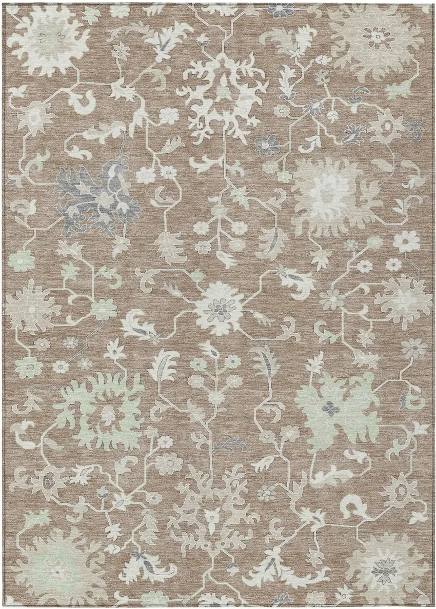 Taupe Beige And Gray Floral Washable Indoor Outdoor Area Rug Photo 1