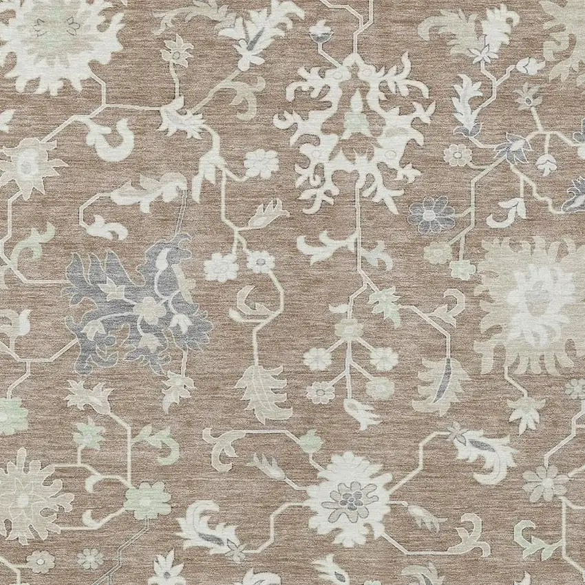 Taupe Beige And Gray Floral Washable Indoor Outdoor Area Rug Photo 3