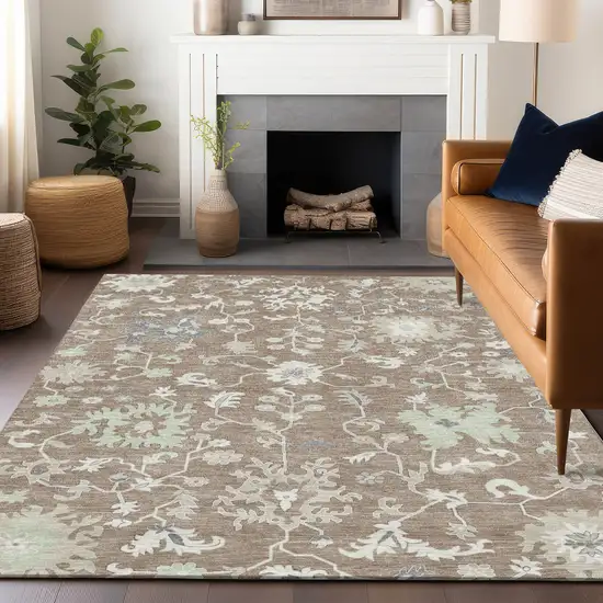 Taupe Beige And Gray Floral Washable Indoor Outdoor Area Rug Photo 6