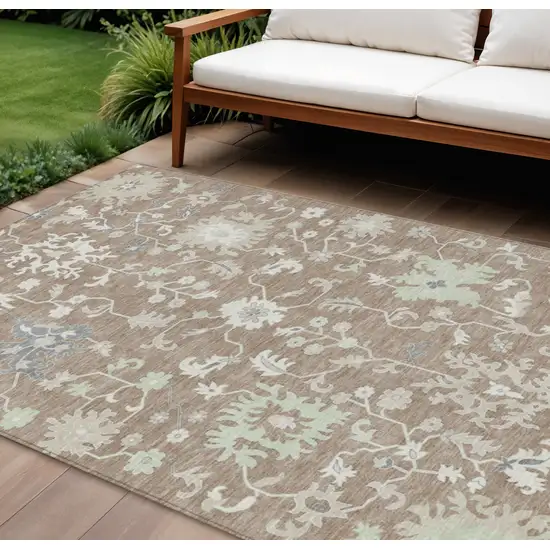 Taupe Beige And Gray Floral Washable Indoor Outdoor Area Rug Photo 2