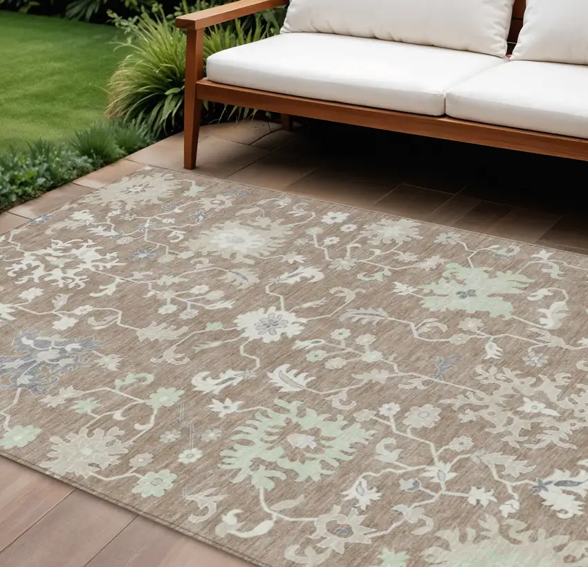 Taupe Beige And Gray Floral Washable Indoor Outdoor Area Rug Photo 2