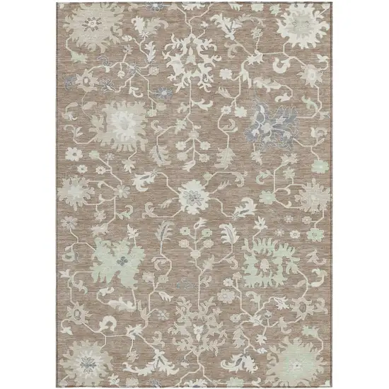 Taupe Beige And Gray Floral Washable Indoor Outdoor Area Rug Photo 4
