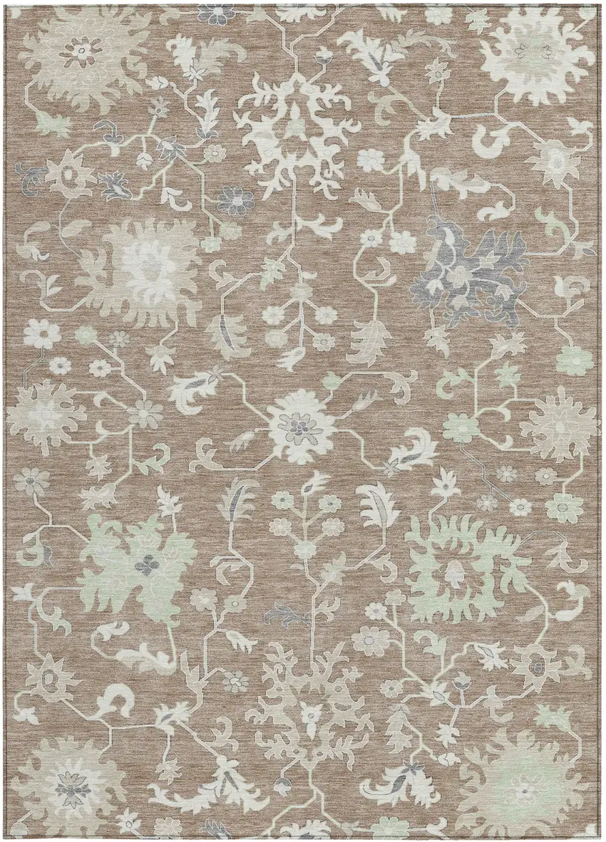 Taupe Beige And Gray Floral Washable Indoor Outdoor Area Rug Photo 4