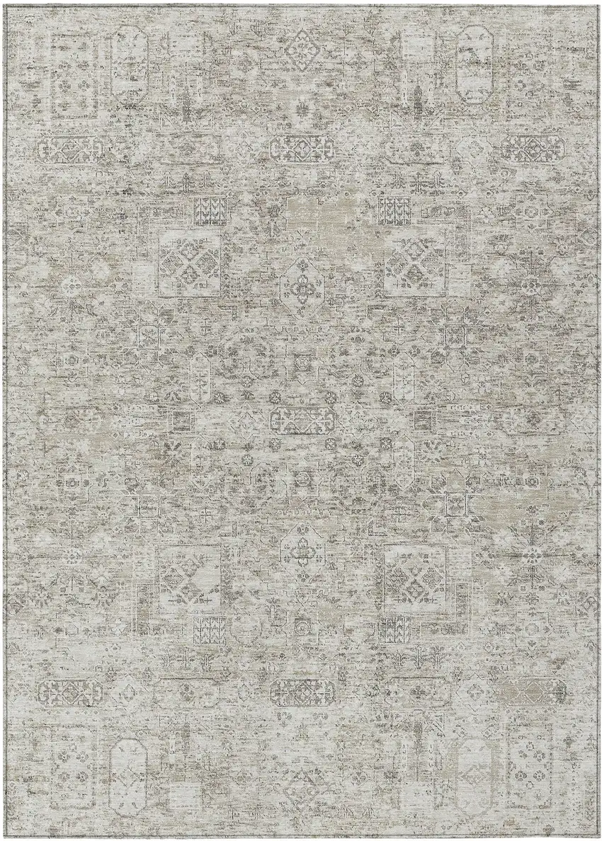 Taupe Beige And Gray Floral Washable Indoor Outdoor Area Rug Photo 2