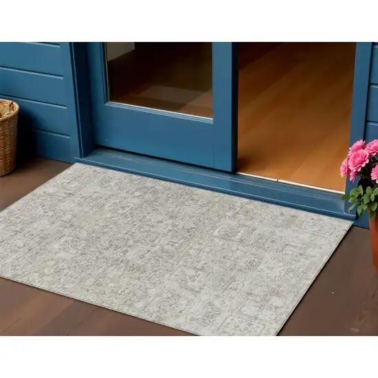Taupe Beige And Gray Floral Washable Indoor Outdoor Area Rug Photo 1