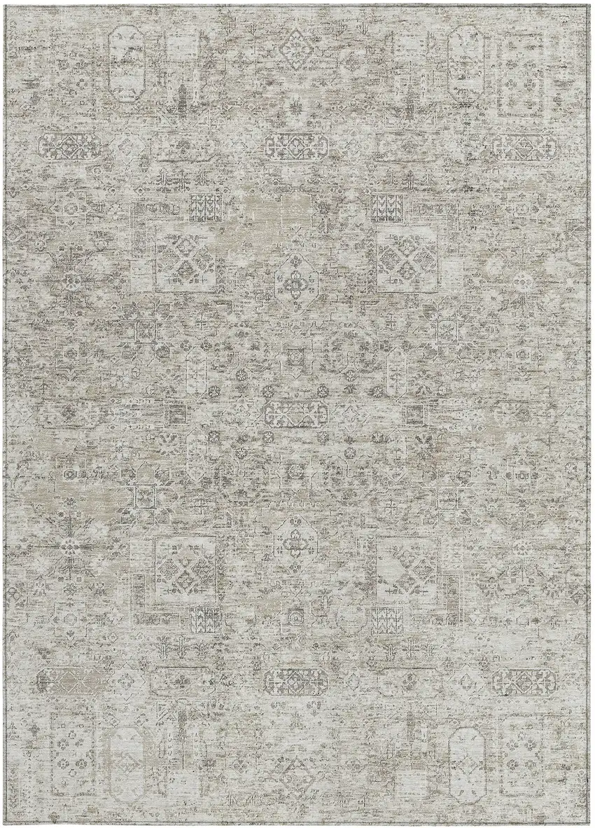 Taupe Beige And Gray Floral Washable Indoor Outdoor Area Rug Photo 5