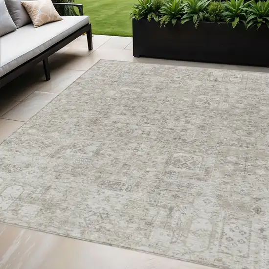 Taupe Beige And Gray Floral Washable Indoor Outdoor Area Rug Photo 1