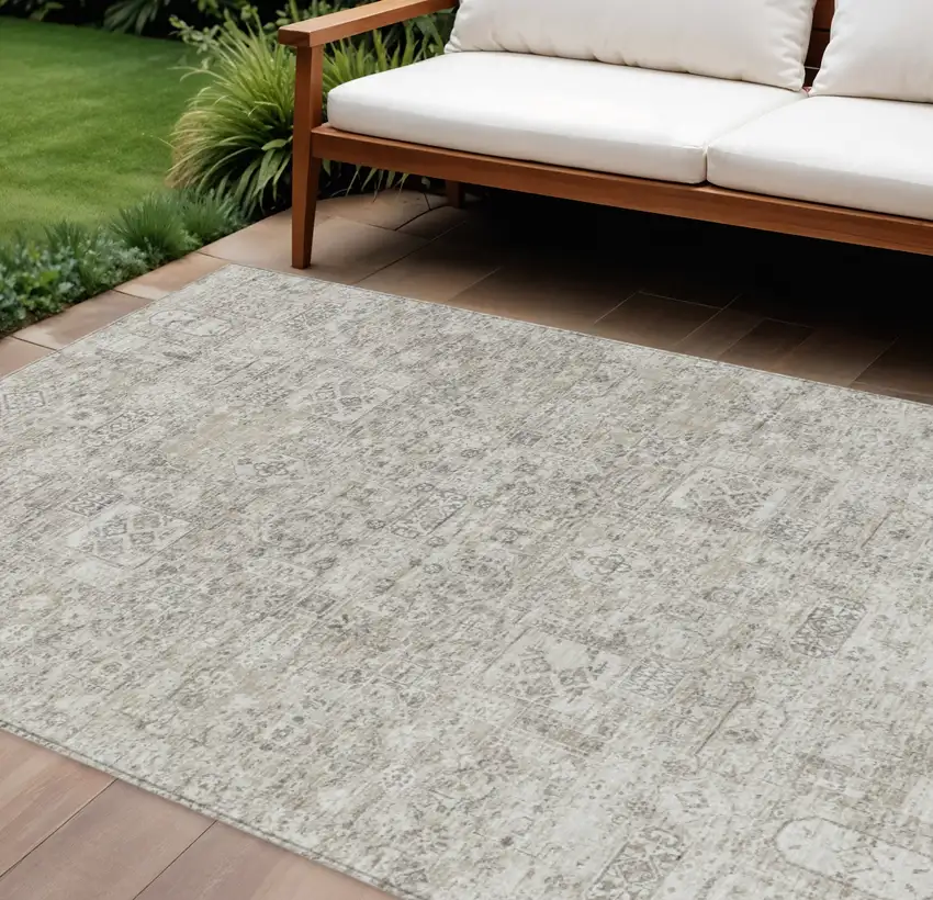 Taupe Beige And Gray Floral Washable Indoor Outdoor Area Rug Photo 1