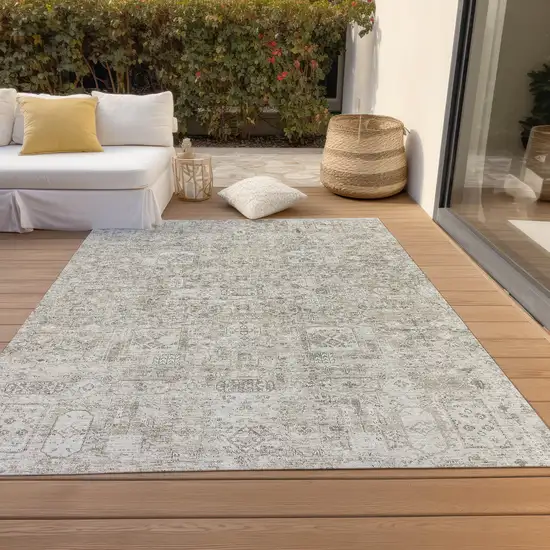 Taupe Beige And Gray Floral Washable Indoor Outdoor Area Rug Photo 9