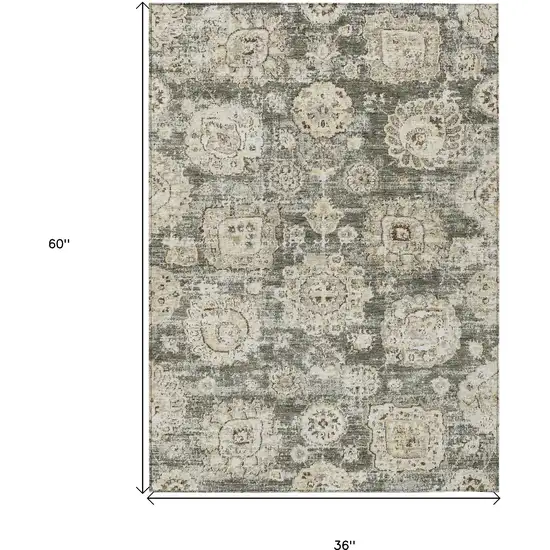 Taupe Beige And Gray Floral Washable Indoor Outdoor Area Rug Photo 3