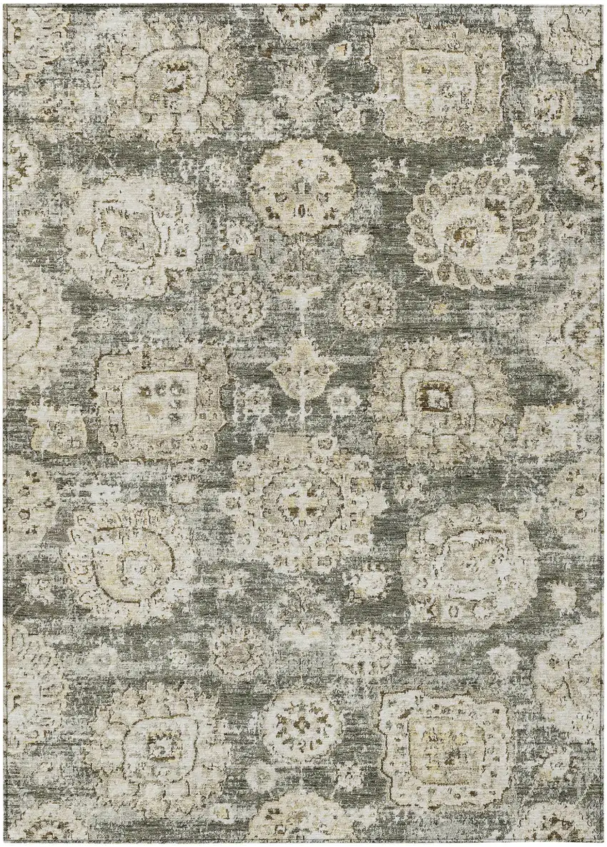 Taupe Beige And Gray Floral Washable Indoor Outdoor Area Rug Photo 2